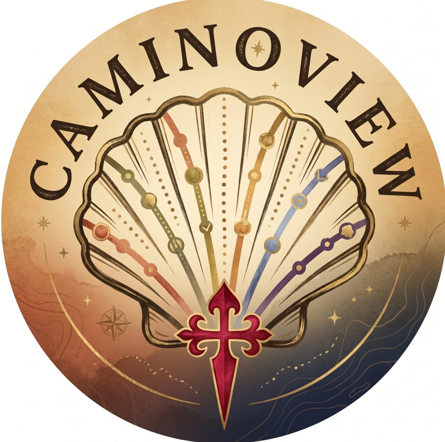 Camino View badge: a scallop shell with routes converging on the red Cross of Santiago